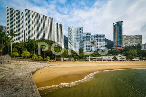Skyscrapers and beach at Repulse Bay, in Hong Kong, Hong Kong. Stock Photos