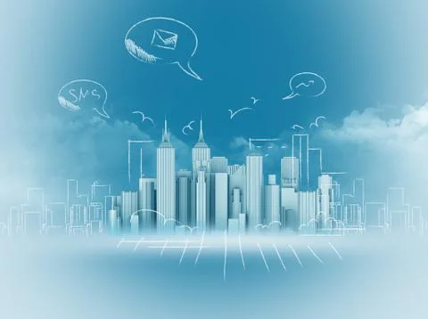 Skyscrapers and drawn elements chalk on a background of clouds 스톡 일러스트
