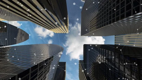 Skyscrapers from below with animated lines representing business networking Stock Footage 301820496
