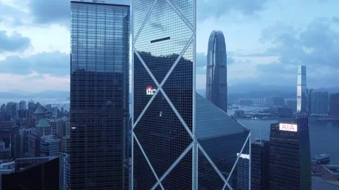 Skyscrapers Close Up Aerial Pull Back Shots at Twilight, Hong Kong Stock Footage 247905019