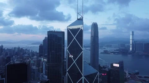 Skyscrapers Close Up Aerial Pull Back Shots at Twilight, Hong Kong Stock Footage 247905057