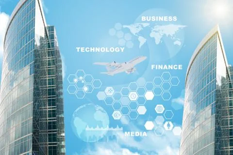 Skyscrapers with computer icons Stock Illustration