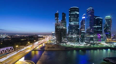 Skyscrapers International Business Center City at night timelapse, Moscow Stock Footage