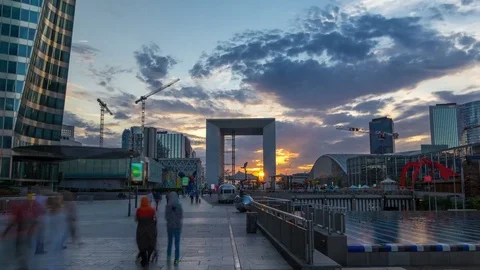 Skyscrapers of La Defense timelapse hyperlapse at sunset - Modern business and Stock Footage