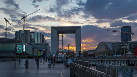 Skyscrapers of La Defense timelapse hyperlapse at sunset - Modern business and Stock Footage 236951783