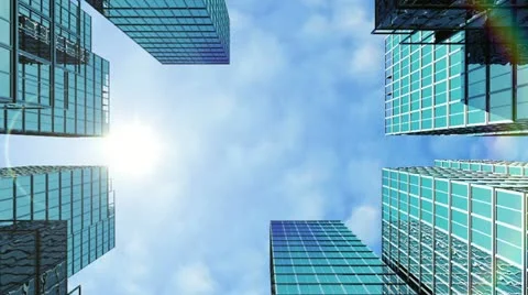 Skyscrapers rising with sun and clouds. HD 1080. Stock Footage