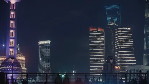 Skyscrapers in Shanghai by night Stock Footage 100152863