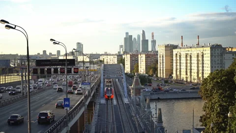 Skyscrapers, the Third Ring Road and the ES2G Lastochka trains - Moscow Video stock 120608447