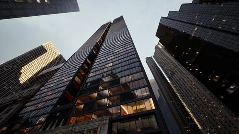 Skyscrapper building under a cloudy sky Illustrazione stock