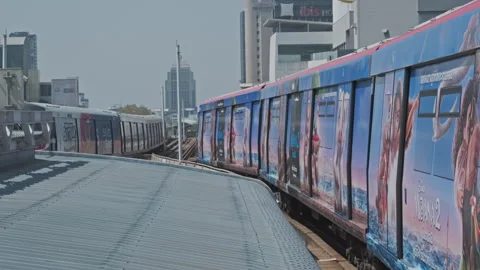 Skytrain BTS moving in center of Bangkok Stock Footage 335568132