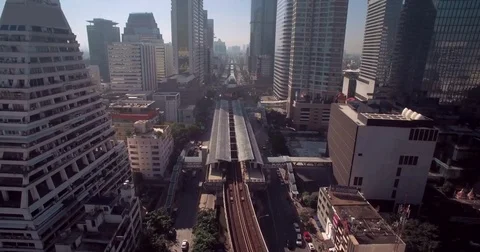 Skytrain Network In The Heart Of Bangkok City Center, Aerial Flyover Shot Stock Footage