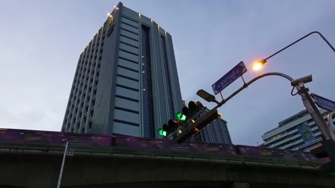 Skytrain passed by district area of Silom, Bangkok, Thailand Stock Footage 154347327