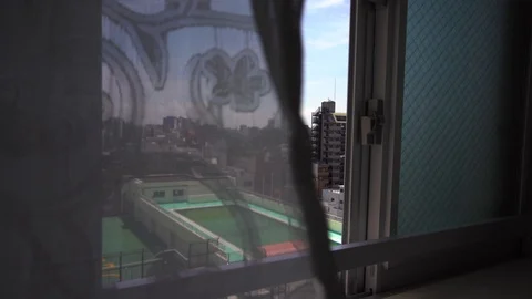 Skytree building. Views through a open window with a curtain. Stock Footage 124978249