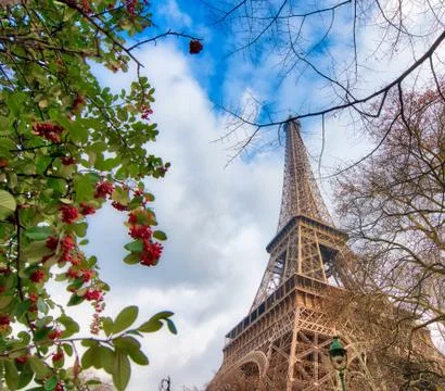 Skyward view of Eiffel Tower on a cloudy winter day - France Stock Photos