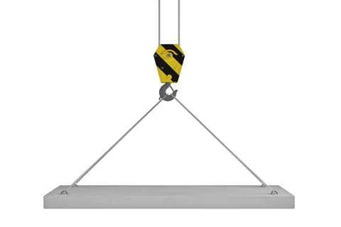 Slab hanged on crane hook by rope slings. 3d render Stock Illustration