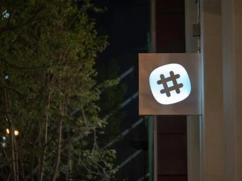 Slack, communications tool maker, logo outside of San Francisco office locati Stock Photos