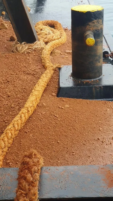 Slack mooring rope resting on a barge deck ( Stock Footage 346575988