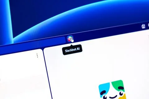 Slack Slackbot AI interface cursor hovering over the menu icon on a bright Stock Photos
