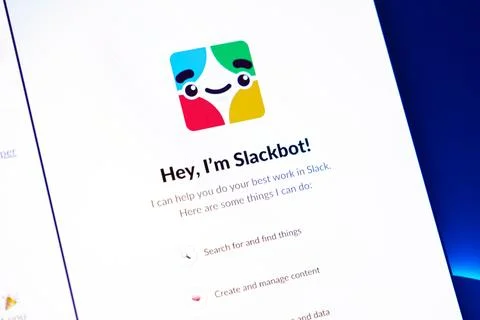 Slackbot interface screen displaying a welcome message and automated task list Stock Photos