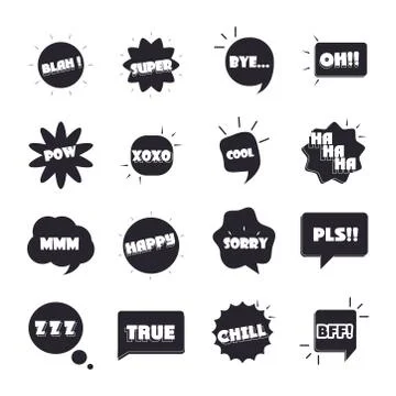 Slang bubbles different words and phrases, bang yes sorry yeah flat icons set Stock-Illustration