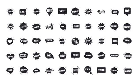 Slang bubbles different words and phrases in multicolor cartoon, hello lol yes Stock-Illustration