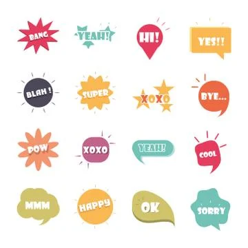 Slang bubbles different words and phrases in multicolor cartoon, bang yes sorry Stock-Illustration