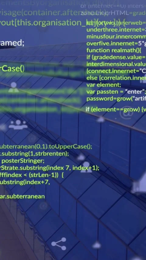 Slanted blue-tiled facade hosting flowing code and icons after green line, Stock Footage 331790727