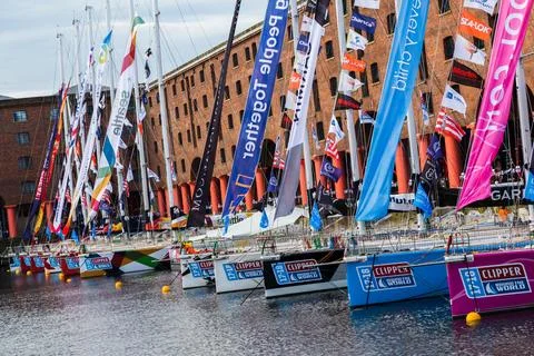 Slanted image of the bows of the Clipper fleet in Liverpool Stock Photos