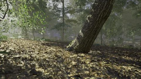 Slanted tree trunk among fallen leaves in a serene forest setting Stock Illustration