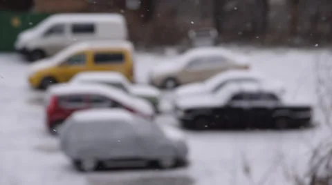 Slanting snow falling on parking place Stock Footage 66718804