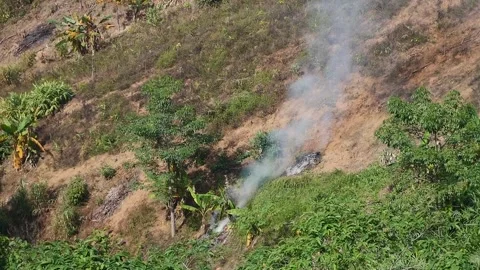 Slash and Burn Deforestation on Steep Hillside, Burning Vegetation, Air Pol.. 库存影片 332399232