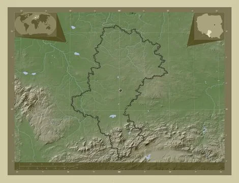 Slaskie, Poland. Elevation map colored in wiki style with lakes and rivers Stock Illustration