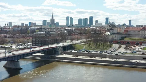 Slasko dabrowski bridge and old town in Warsaw aerial footage Video stock 105849935