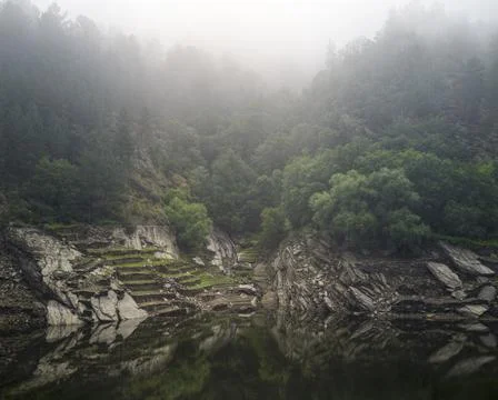 Slate cliffs covered in misty forest rush into the waters of the river Stock Photos