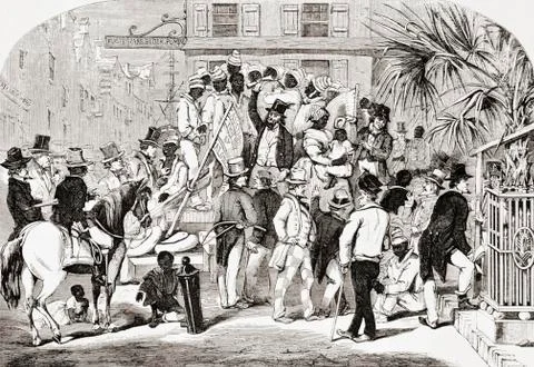 Slave sale at Charleston, South Carolina, United States of America in the mid Stock Photos
