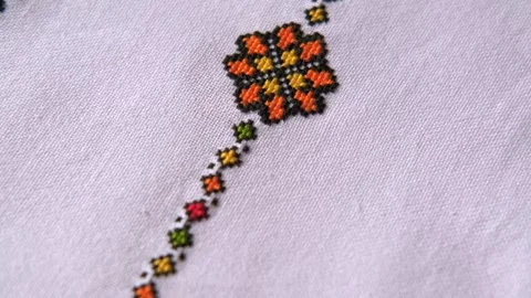 Slavic cross stitch by colored threads. Design of ethnic pattern with Embroidery Stock Footage 250418326