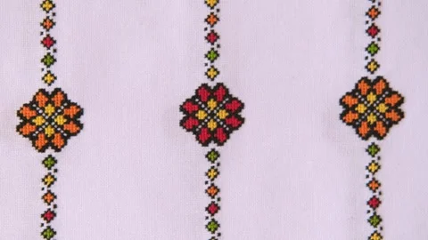 Slavic cross stitch by colored threads. Design of ethnic pattern with Embroidery Stock Footage 250419036