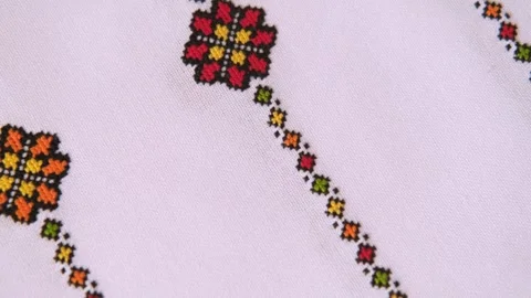 Slavic cross stitch by colored threads. Design of ethnic pattern with Embroidery Stock Footage 254000357