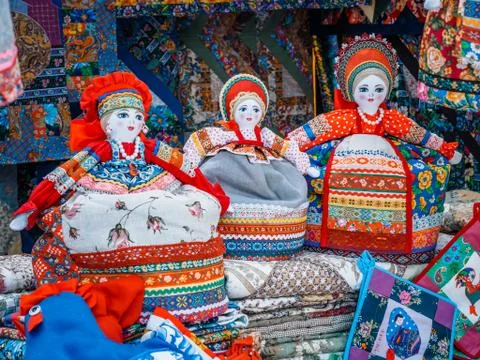 Slavic rag doll. Handmade rag doll woman, in traditional ethnic russian costume Stock Photos