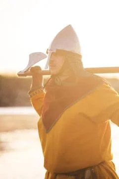 Slavic warrior with axe Stock Photos