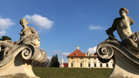 Slavkov castle and outdoor sculptures in autumn back garden Stock Footage 98422853