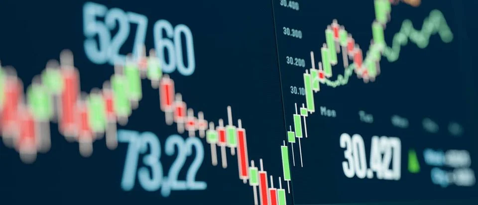  Slective focus, close-up chart, graph, data on the stock market and excha... Stock Photos
