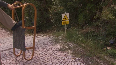 Sledge, Crazy video of winter sledge pushed down the stairs, extreme sport Stock Footage 124623989