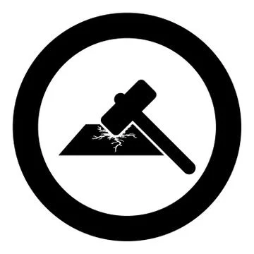 Sledge hammer breaks hard surface with formation of strong cracks icon in cir Stock Illustration