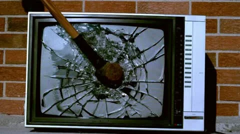 Sledge hammer smashing tv in slow motion Stock Footage