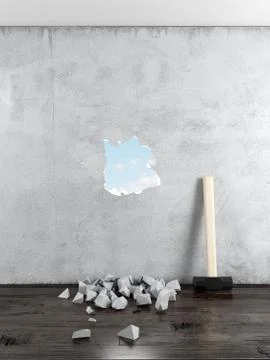 Sledgehammer and wall with hole 库存插图