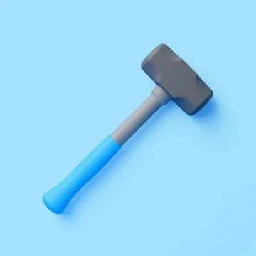 Sledgehammer with blue handle on light blue background, minimal heavy-duty to Stock Illustration