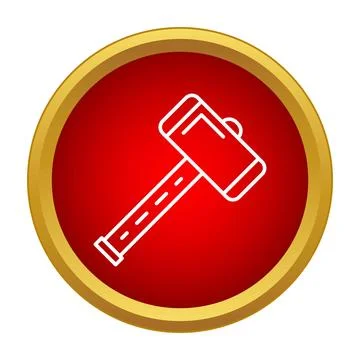 Sledgehammer outline tool icon in a red circle with a gold border Stock Illustration