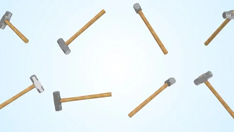 Sledgehammers Falling on a Light Blue Background. Sledge Hammer 3D Animation. 4K Stock Footage 306521044