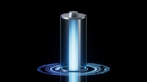 A sleek 3d battery charges with glowing blue energy as a futuristic hud rot.. Stock Footage 332315298